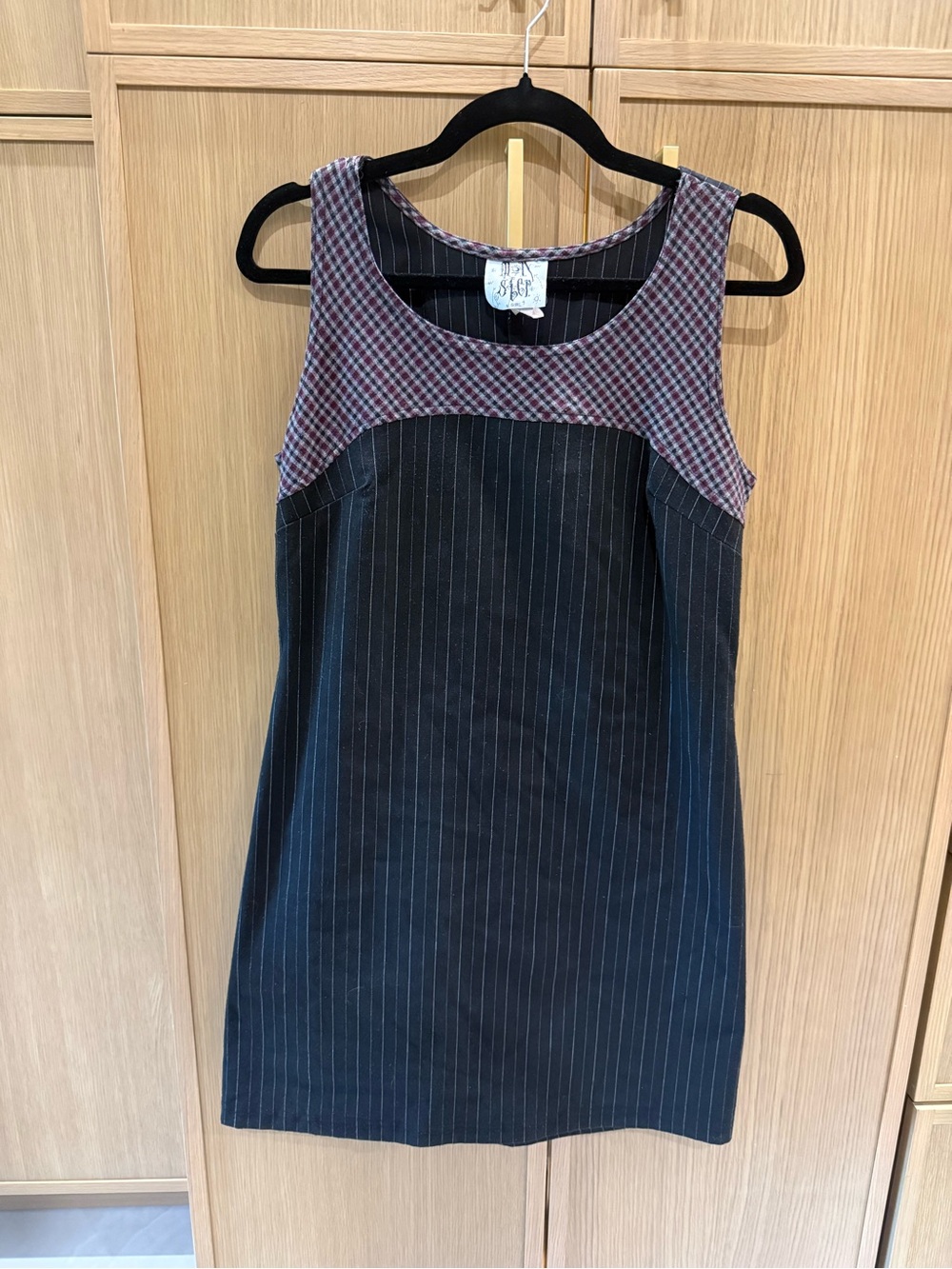 Sleeveless Black Pinstripe Dress with Burgundy Check Yoke